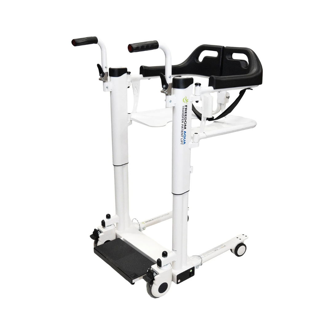 The Freedom Aqua Waterproof Powered Patient Lift enables sling-free transfers with a white frame, black handles, cushioned seat and backrest, caster wheels, and a foot platform—ideal for assisting mobility-impaired individuals.